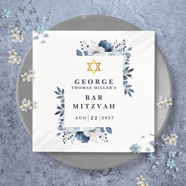Serviette En Papier Marine Bleu Botanique Bar Mitzvah Bat mitzvah (Navy Blue Botanical Bar Mitzvah Bat Mitzvah Napkins)