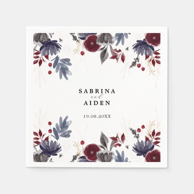 Serviette En Papier Marine Bleu Bourgogne Rouge Gothique Floral Mariag (Devant)