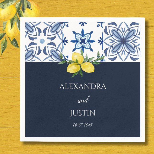 Serviette En Papier Marine bleu Citron italien Mariage méditerranéen (Créateur téléchargé)