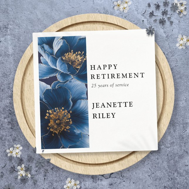 Serviette En Papier Marine Bleu Élégant Floral moderne joyeuse retrait (Navy Blue Elegant Modern Floral Happy Retirement Napkins)