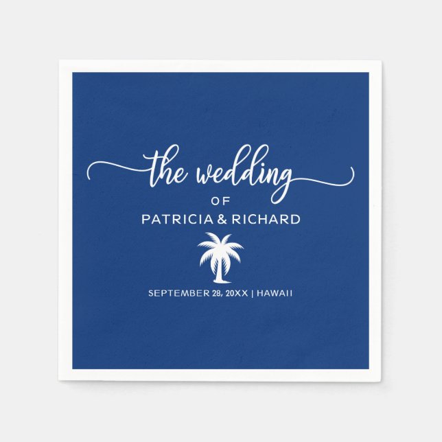 Serviette En Papier Marine Bleu et Blanc Palm Tree Destination Mariage (Devant)