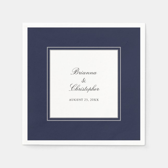 Serviette En Papier Marine Bleu et Blanc Simple Mariage élégant (Devant)
