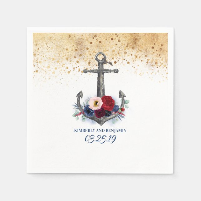 Serviette En Papier Marine bleu et Bourgogne Rouge Ancre florale Nauti (Devant)