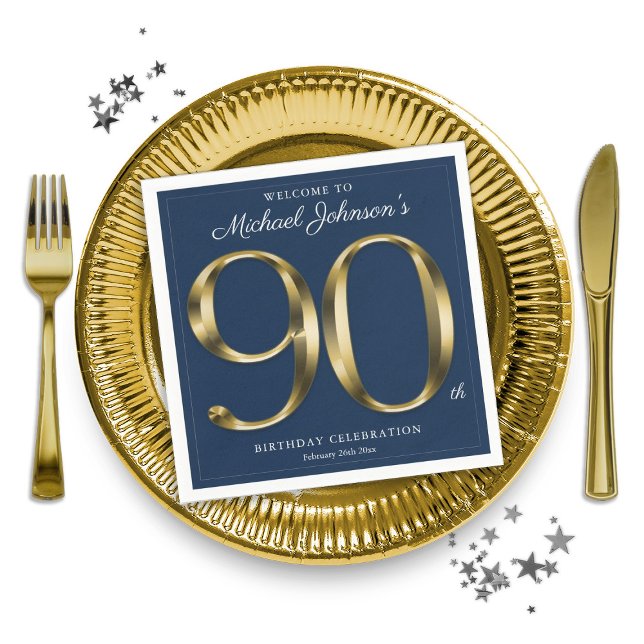 Serviette En Papier Marine Bleu et or Elégant 90e anniversaire (Navy Blue and Gold Elegant 90th Birthday Napkins)