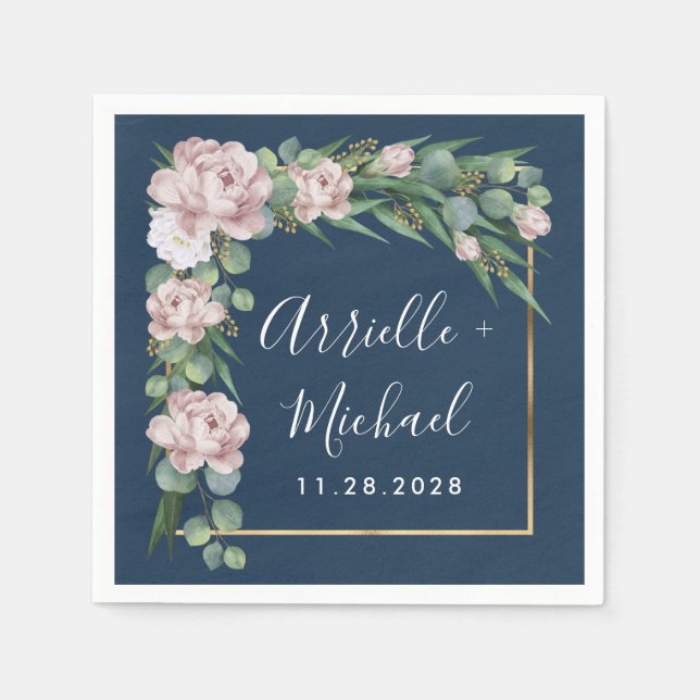 Serviette En Papier Marine bleu et rose Dusty Rose vert Mariage or (Devant)