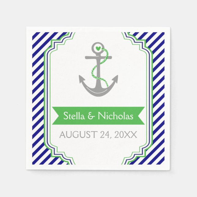 Serviette En Papier Marine bleu, Kelly vert ancre mariage nautique (Devant)