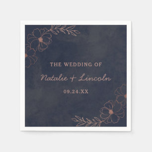 Serviette En Papier Marine Bleu & Rose Gold Foil Chic Mariage Monogram