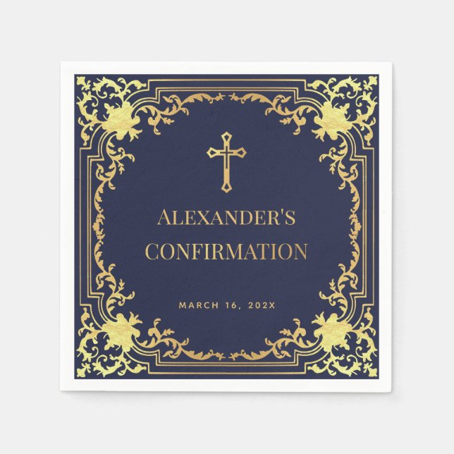 Serviette En Papier Marine Blue Boy Confirmation Faux Gold Cross Éléga (Devant)