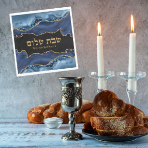 Serviette En Papier Marine Blue Gold Agate Marbre Hébreu Shabbat Shalo