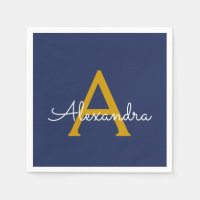 Marine Blue Gold Script Monogramme Nom Moderne