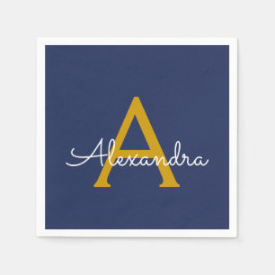 Serviette En Papier Marine Blue Gold Script Monogramme Nom Moderne
