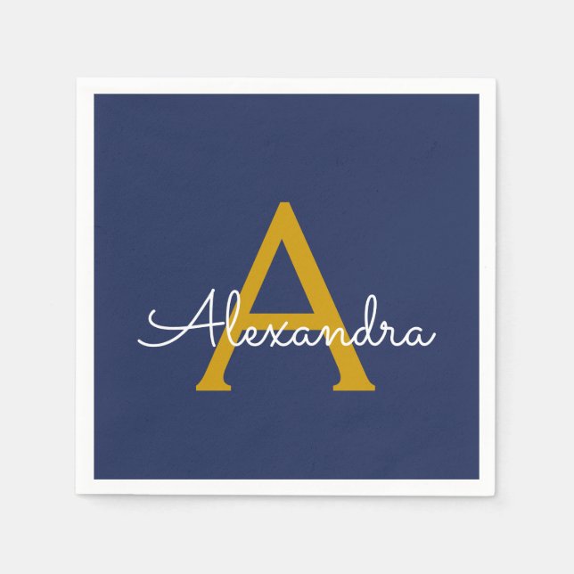 Serviette En Papier Marine Blue Gold Script Monogramme Nom Moderne (Devant)