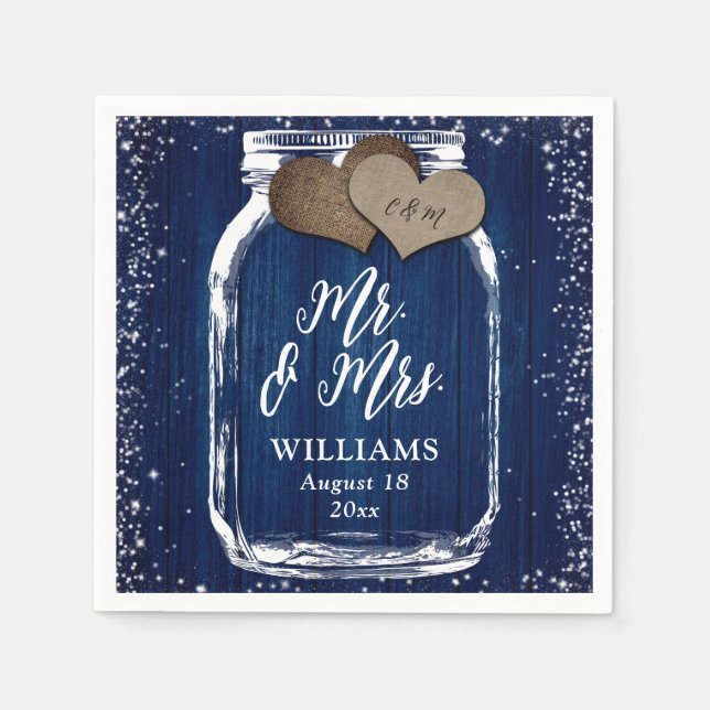 Serviette En Papier Marine Blue Mason Jar Rustic Wood M & Mme Mariage (Devant)