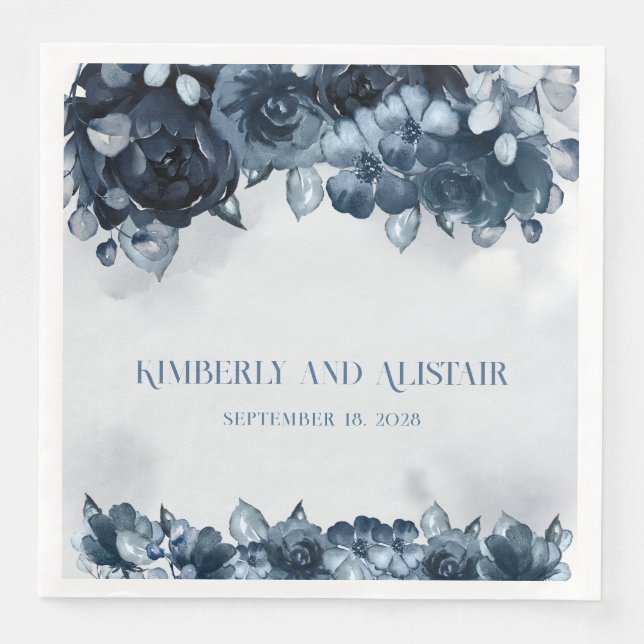 Serviette En Papier Marine Blue Peony Argent Eucalyptus Mariage de ver (Devant)