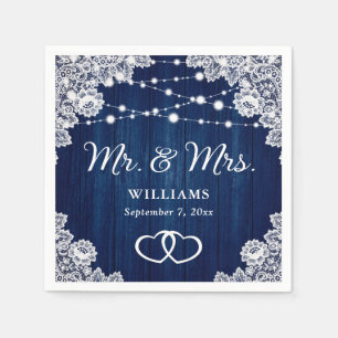 Serviette En Papier Marine Blue Rustic Bois dentelle lumière Mariage