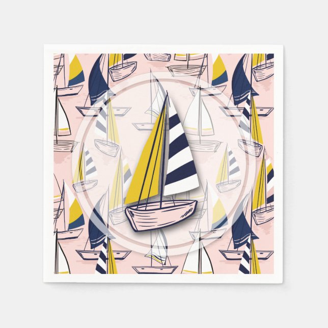 Serviette En Papier Marine Blue Sailboats Party (Devant)