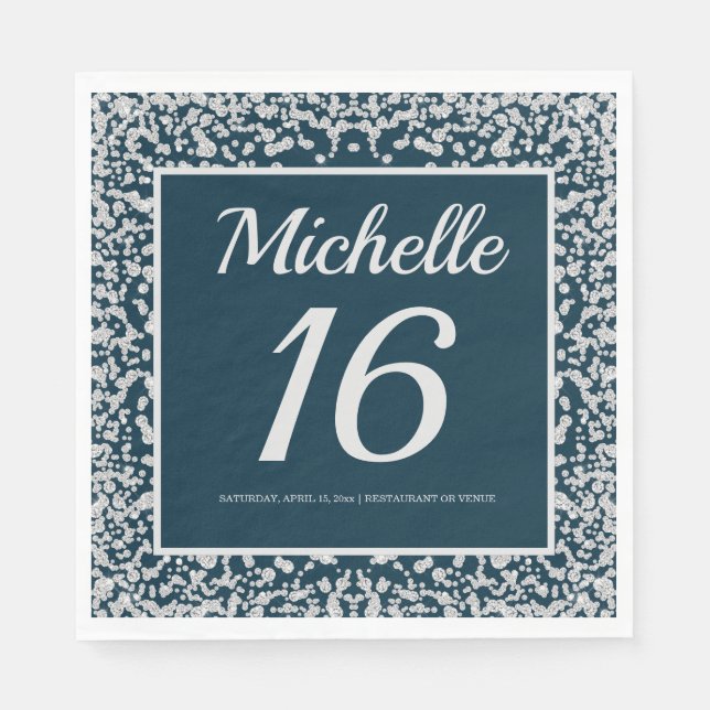 Serviette En Papier Marine Blue Silver Diamond Parties scintillant 16e (Devant)