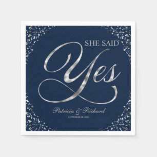 Serviette En Papier Marine Blue Silver Elle A Dit Oui Engagement Party