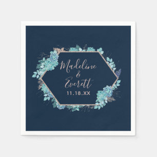 Serviette En Papier Marine Blue Succulents & Rose Gold Mariage Monogra