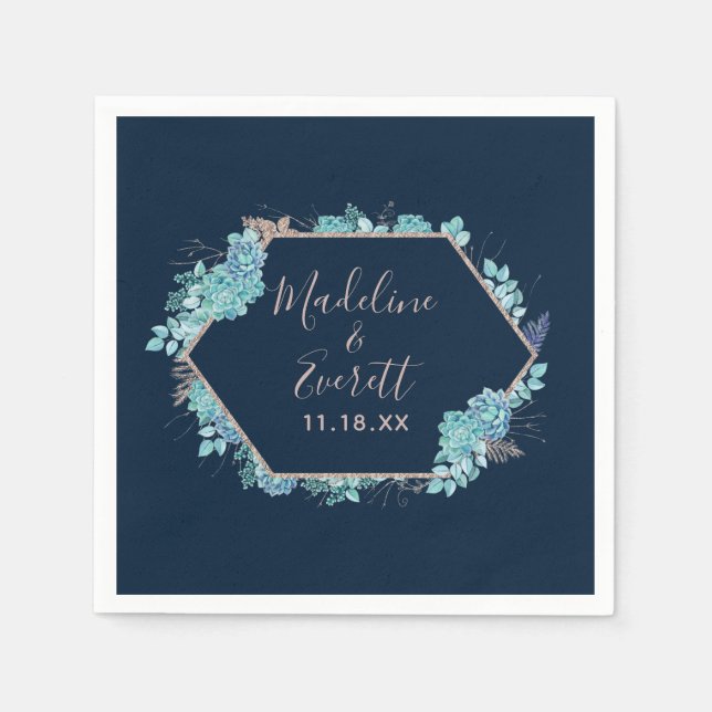 Serviette En Papier Marine Blue Succulents & Rose Gold Mariage Monogra (Devant)