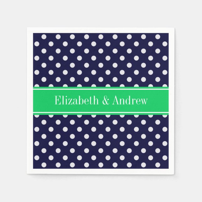 Serviette En Papier Marine Blue Wt Polka Dot Emerald Nom vert Monogram (Devant)