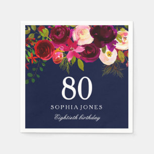 Serviette En Papier Marine & Bourgogne Red Floral 80e fête d'anniversa