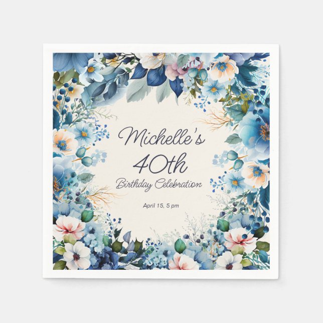 Serviette En Papier Marine Dusty Bleu Blanc Floral 40e anniversaire (Devant)