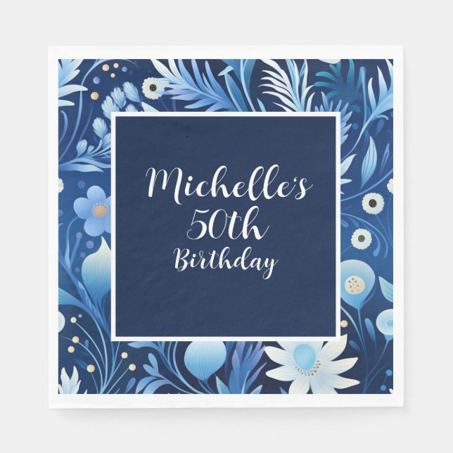 Serviette En Papier Marine Dusty Blue Floral 50e anniversaire (Devant)