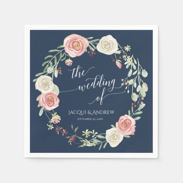 Serviette En Papier Marine et Blush Mariage Ivory Rose blanche Eucalyp (Devant)