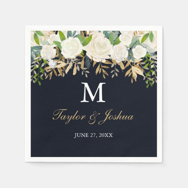 Serviette En Papier Marine Floral Monogram Aquarelle Mariage Napkin (Devant)