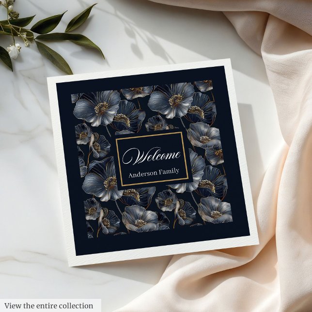 Serviette En Papier Marine Gold Floral serviettes élégante Accent Mono (Navy Gold Floral Napkins Elegant Monogram Accent)