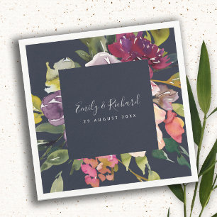 SERVIETTE EN PAPIER MARINE JAUNE BURGUNDY BURGUNDY FLORAL BUNCH MARIAG