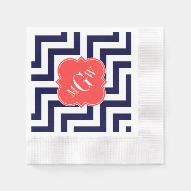 Serviette En Papier Marine Lg Chevron Coral Red Quatrefoil 3 Monogramm (Devant)
