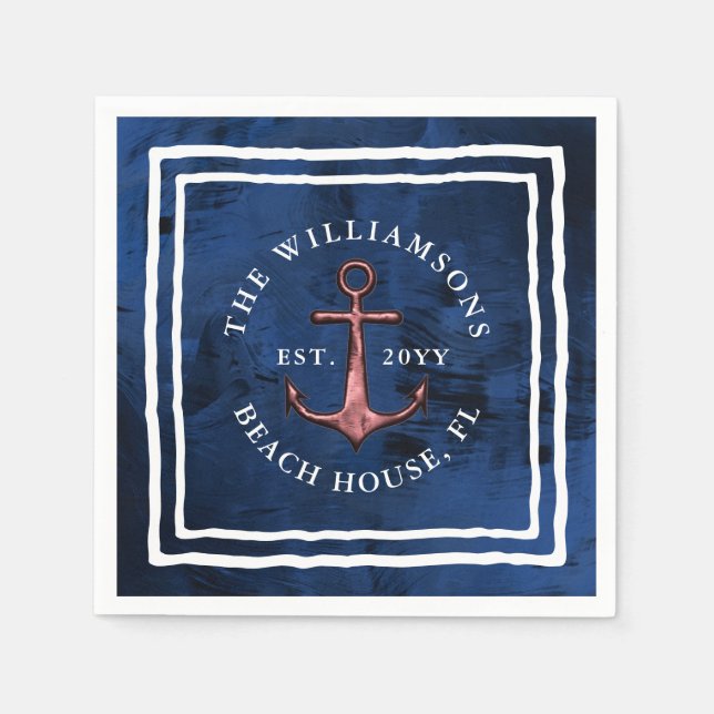 Serviette En Papier Marine marine Bleu Blanc Rose Or Ancre Famille (Devant)