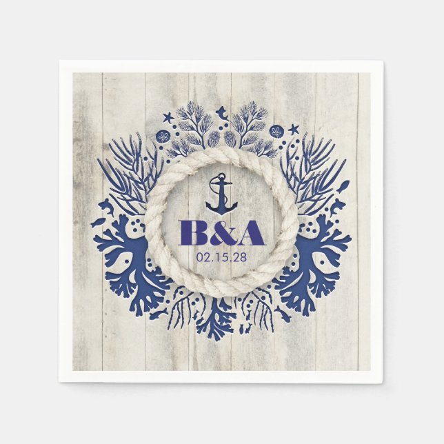 Serviette En Papier Marine Nautique Rustique Driftwood Beach Mariage (Devant)