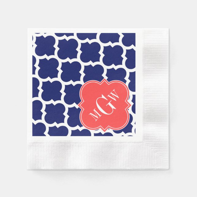 Serviette En Papier Marine Whats Marocain #5 Coral Rouge 3 Monogramme  (Devant)
