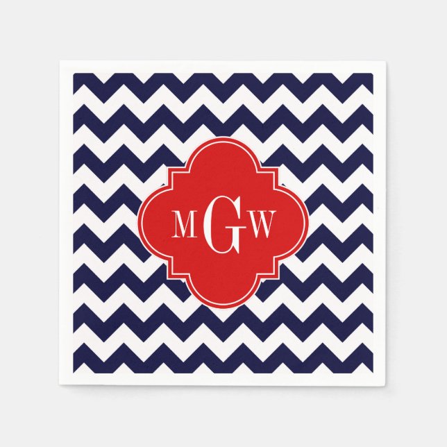 Serviette En Papier Marine White Chevron Red Quatrefoil 3 Monogramme (Devant)