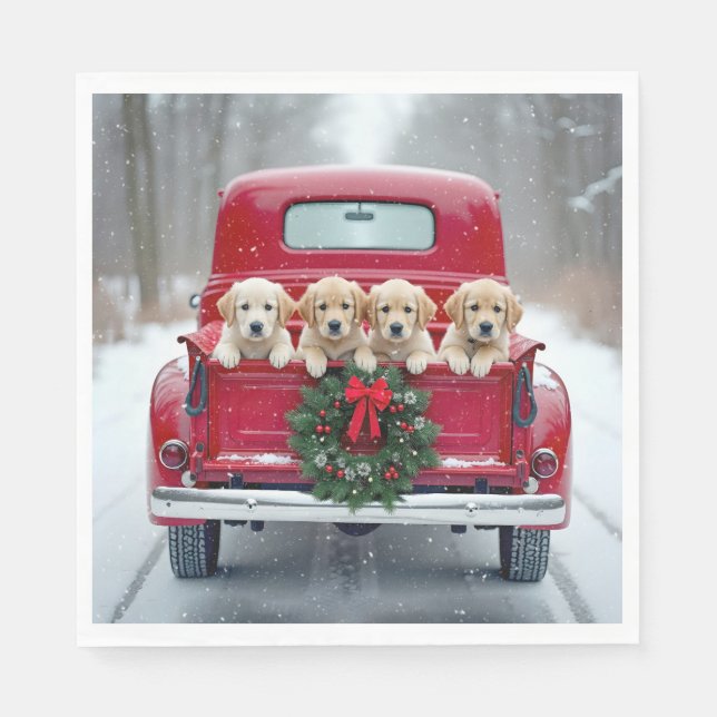 Serviette En Papier Marionnettes Golden Retriever en Camion de Noël (Devant)