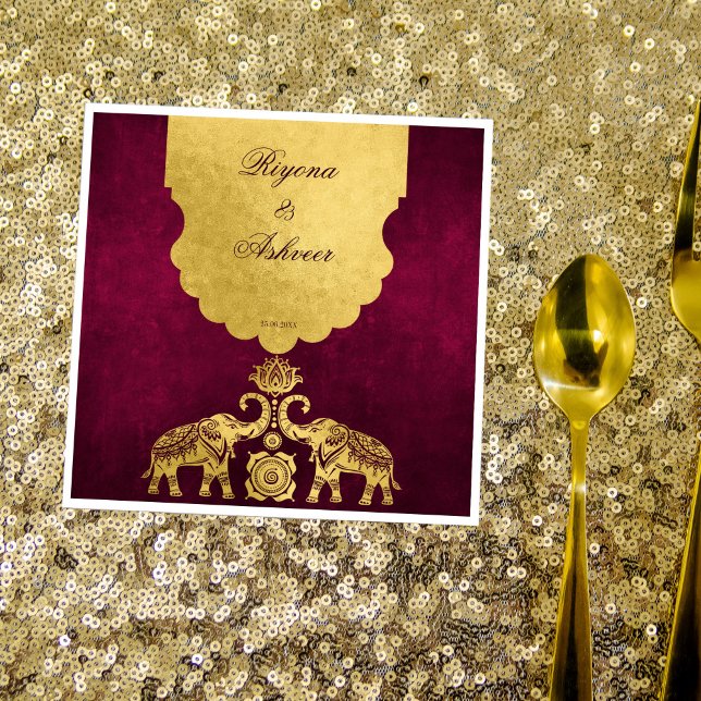 Serviette En Papier Maroon et éléphants d'or luxe mariage indien (Créateur téléchargé)