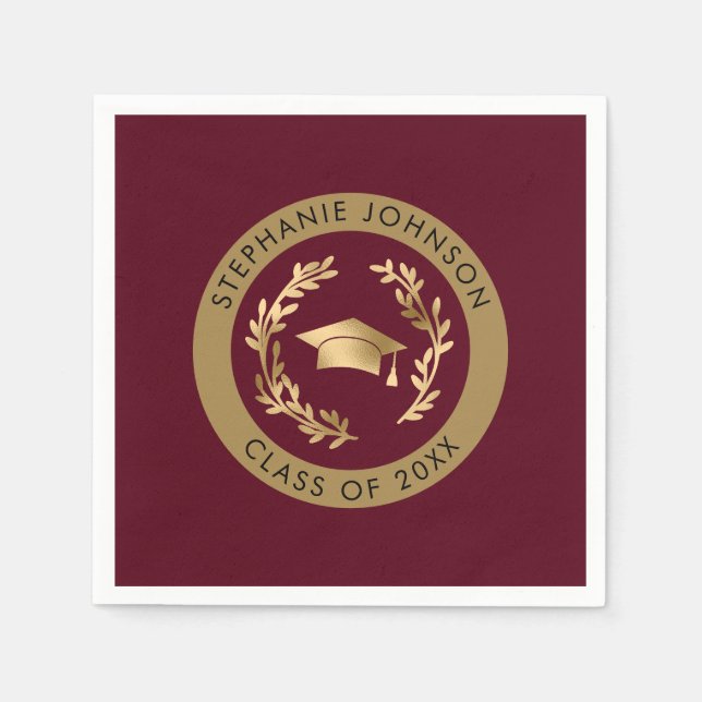 Serviette En Papier Maroon Gold Grad Cap Class of 20XX Party (Devant)