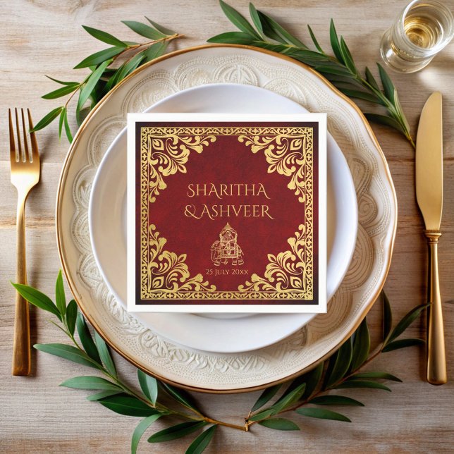 Serviette En Papier Maroon or éléphant Indien mariées luxe mariage (Maroon gold elephant Indian brides luxury wedding monogrammed Napkins personalized napkins)