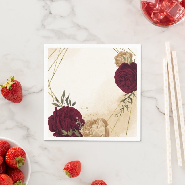 Serviette En Papier Maroon vert beige or botanique mariage (En situation)