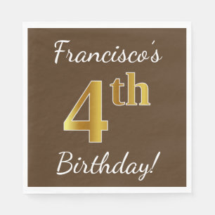 Serviette En Papier Marron, Or Faux 4ème Anniversaire + Nom Personnali