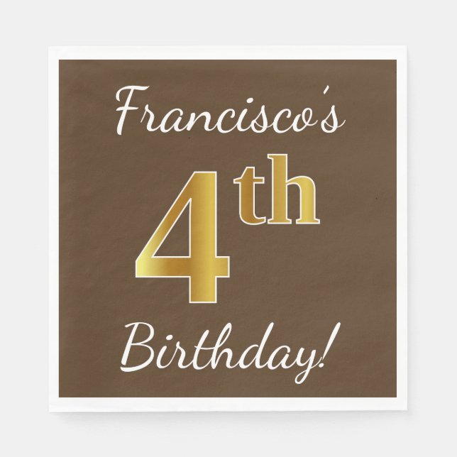 Serviette En Papier Marron, Or Faux 4ème Anniversaire + Nom Personnali (Devant)