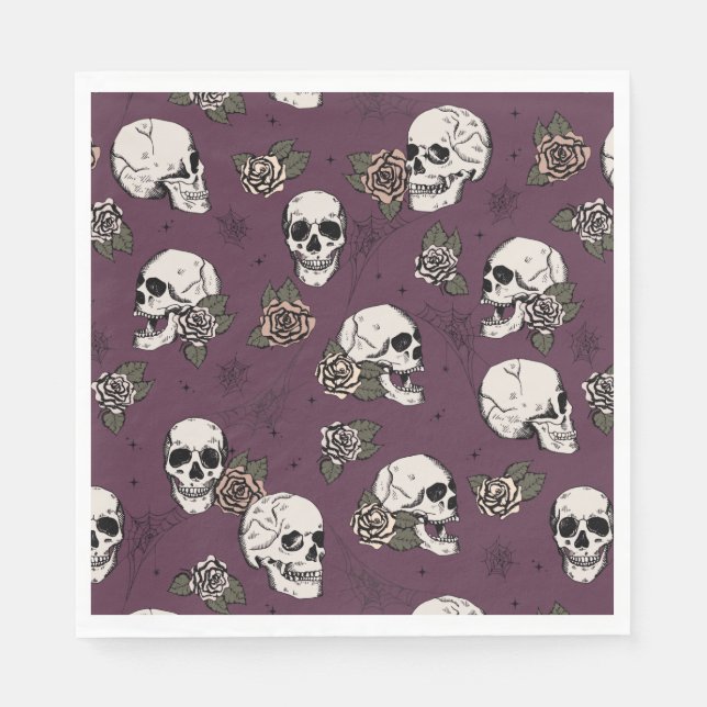 Serviette En Papier Marron Vert Gothique Crânes et Roses Halloween (Devant)