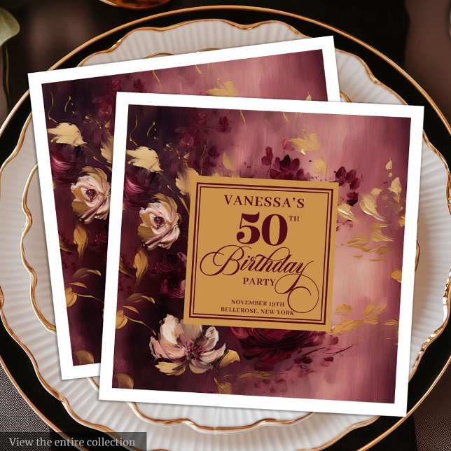 Serviette En Papier Marsala Blush Gold Flowers de luxe 50e anniversair (Luxury Marsala Blush Gold Flowers 50th Birthday Paper Dinner Napkins)