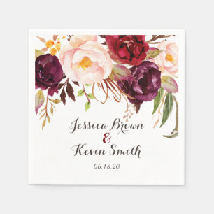 Serviette En Papier Marsala Bourgogne Floral Mariage personnalisé-2