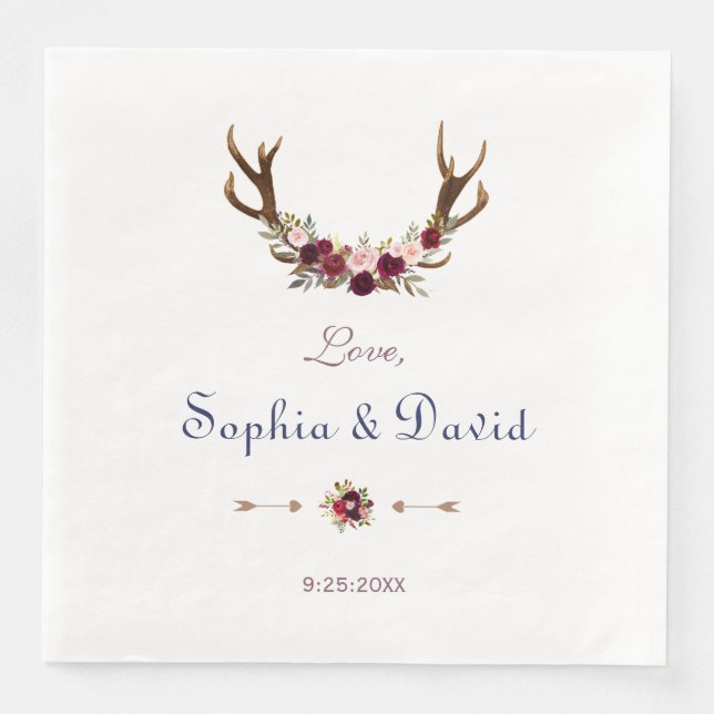Serviette En Papier Marsala Floral Antlers Mariage de automne bleu mar (Devant)