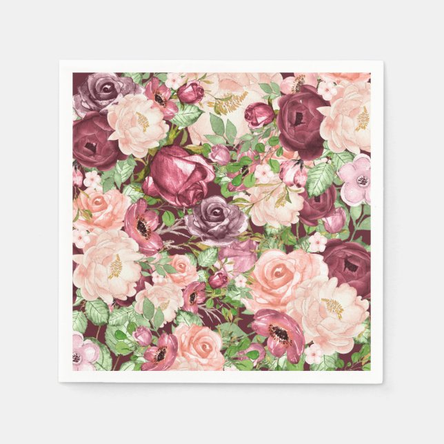 Serviette En Papier Marsala Maroon Bourgogne Fleurs Florales Rustiques (Devant)