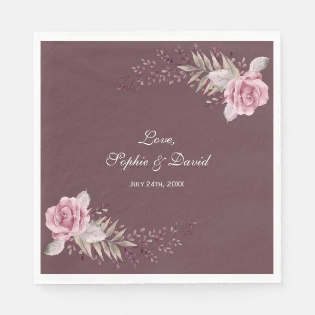Serviette En Papier Marsala Maroon Floral Aquarelle Mariage (Devant)